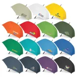 Line-up of Hydra Sports umbrellas in assorted colours, open profile view with printed logos