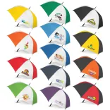 Line-up of Hydra Sports umbrellas in assorted colour combinations, open profile view with printed logos