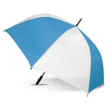 Hydra Sports umbrella in white and light blue, open profile view with black handle and tip