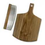 Keepsake Pizza Set featuring acacia wood serving board and matching stainless steel cutter.