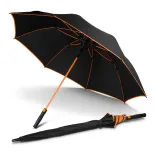 Monsoon Umbrella in black and orange, open angled view with orange shaft, trim and ribs