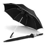 Monsoon Umbrella in black and white, open angled view with white shaft, trim and ribs