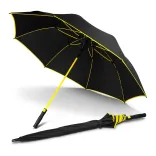Monsoon Umbrella in black and yellow, open angled view with yellow shaft, trim and ribs
