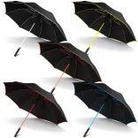 Line-up of Monsoon umbrellas in black/white, black/yellow, black/orange, black/light blue and black/red