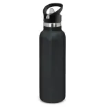Powder coated stainless steel drink bottle with carry lid in black.