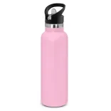 Powder coated stainless steel drink bottle with carry lid in pale pink.