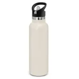 Powder coated stainless steel drink bottle with carry lid in white.