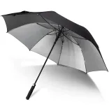 Patronus umbrella in black and silver, open with interior view showing silver lining