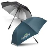 Line-up of Patronus umbrellas in navy and black with silver interior, open side view