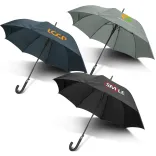 Line-up of Pegasus Hook umbrellas in black, grey, and navy, open with printed logos on panels