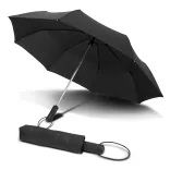 Prague Compact umbrella in black, open with matching closed umbrella in sleeve beside it