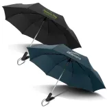 Prague Compact umbrellas in black and navy, open with printed logos on panels