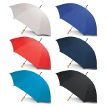 Line-up of open Pro Umbrellas with wooden handles in white, red, cyan, royal, navy and black