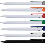 Line-up of Recycled Plastic Pens in white grey, white orange, white red, white dark green, white blue, white black, and black