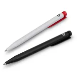 Recycled Plastic Pens in white and red, and black angled view