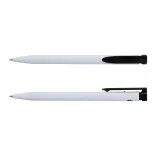 Recycled Plastic Pen in white and black, front and side views