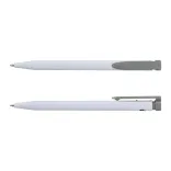 Recycled Plastic Pen in white and grey, front and side views