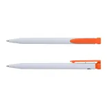 Recycled Plastic Pen in white and orange, front and side views