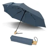 RPET Compact umbrella in petrol blue with wooden handle and matching sleeve