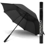 Swiss Peak Tornado 58cm Umbrella in black shown open with matching gift tube featuring sleek modern design