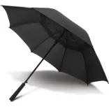 Swiss Peak Tornado 58cm Umbrella fully open in black showing vented canopy and reinforced storm frame