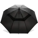 Swiss Peak Tornado 76cm Storm Umbrella fully open top-down view showing black vented double canopy design