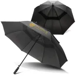 Swiss Peak Tornado 76cm Storm Umbrella in black with one canopy printed in gold logo, open and angled view showing sturdy frame and double canopy design