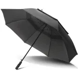 Swiss Peak Tornado 76cm Storm Umbrella fully open in black showing reinforced frame and vented double canopy for wind resistance