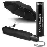 Swiss Peak Traveller Umbrella in black shown open with wrist strap, alongside its fabric sleeve and cylindrical gift tube packaging