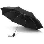 Swiss Peak Traveller Umbrella in black shown fully open with chrome frame, ergonomic handle, and matching wrist strap