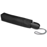 Swiss Peak Traveller Umbrella in black partially enclosed in its matching protective sleeve with wrist strap visible