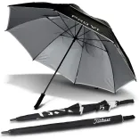 Titleist Tour Double Canopy Umbrella in black with silver inner canopy, shown open and closed with branded sleeve