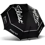 Titleist Tour Double Canopy Umbrella fully open, top view showing black canopy with bold white Titleist and PRO V1 logos